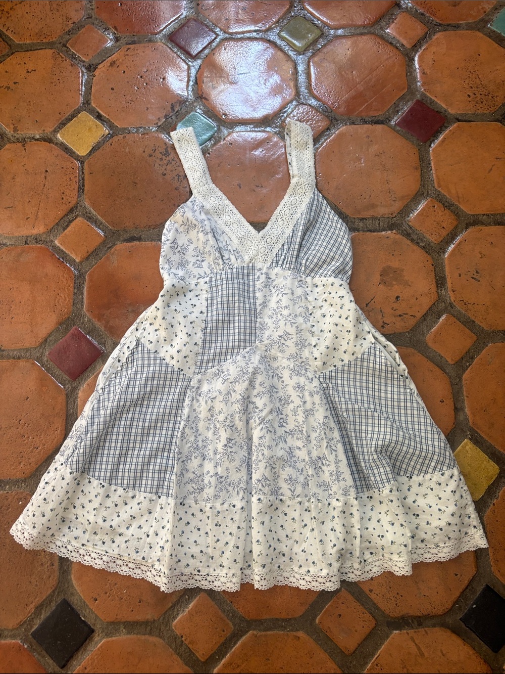 American Eagle Outfitters White and Light Blue Patchwork Lace-Trim Sundress